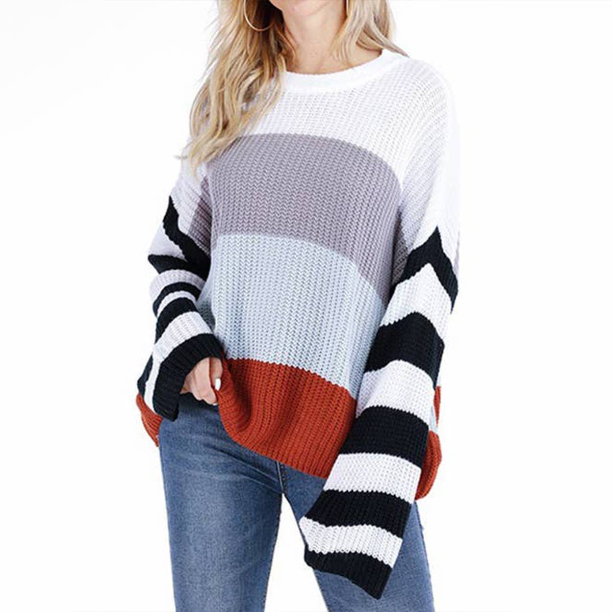 STRIPED SPLICED PULLOVER SWEATER IN INTERCOLOR