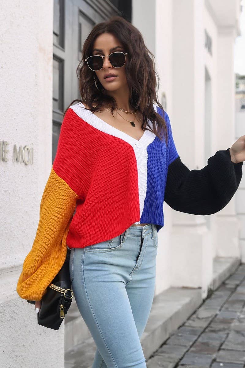 CWOCAL1225_CONTRAST COLOR LONG SLEEVE SHORT KNIT CARDIGAN