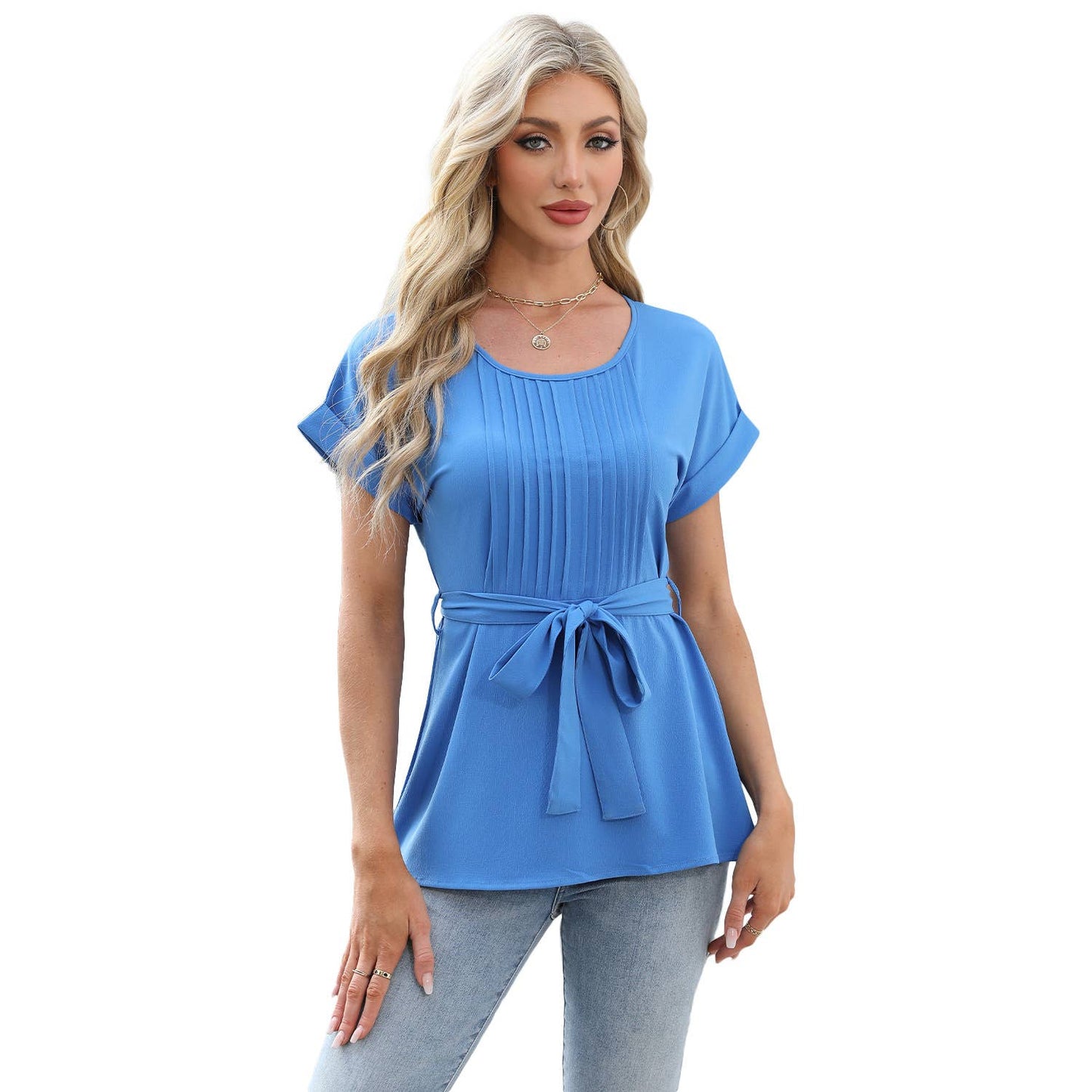 Ruffled round neck short sleeved casual shirt