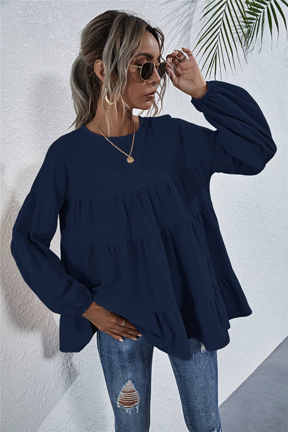 SOLID COLOR ROUND NECK LANTERN SWING LOOSE TOP