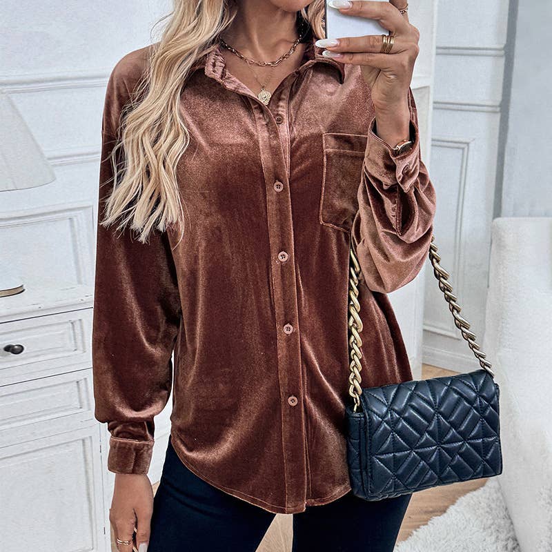 LONG SLEEVE LAPEL VELVET SINGLE-BREASTED SHIRT