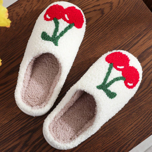 CUTE CHERRY EMBROIDERED COTTON SLIPPERS