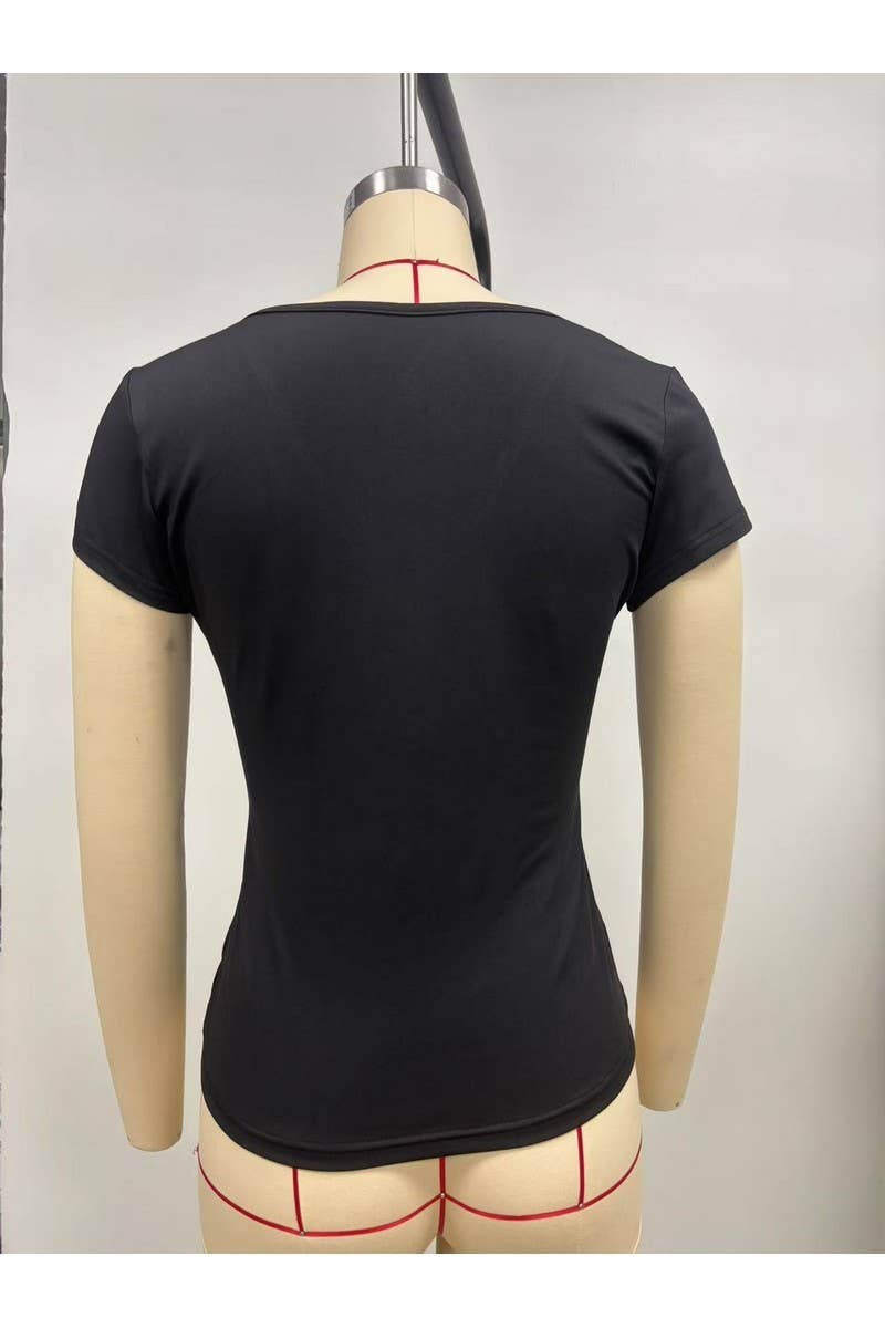 Cwtts00731_2025 Spring Summer Women Y2K V Neck Fitted Tshir