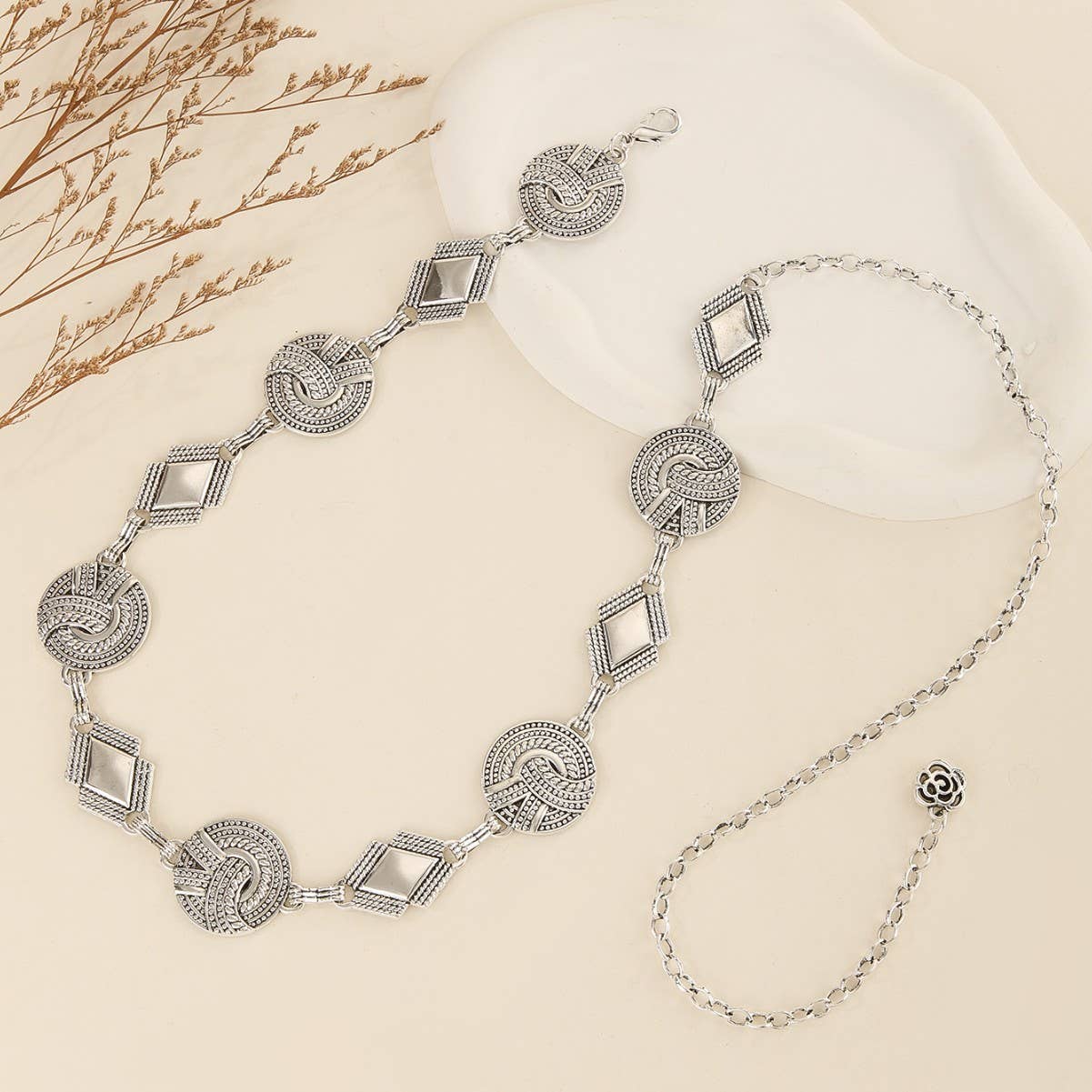 Retro rhinestone irregular metal waist chain