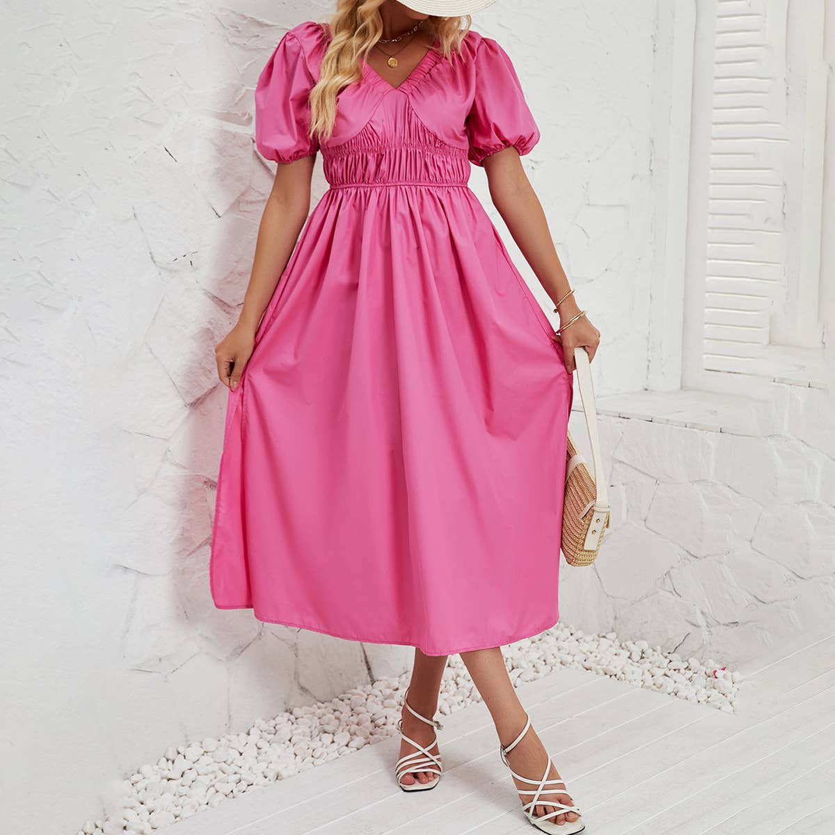 LOOSE TUNIC SKIRT V-NECK SHORT-SLEEVED DRESS