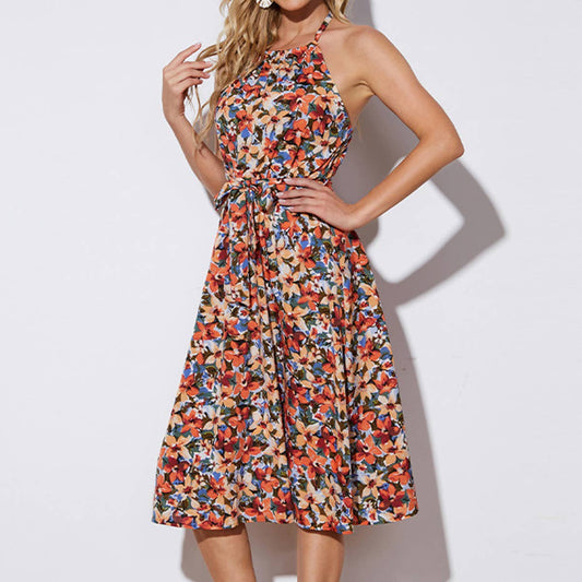 Mid-length printed dress with halter strap