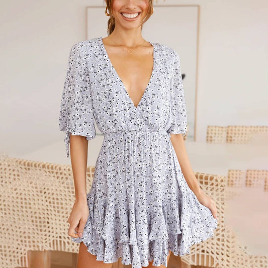 PRINTED SMALL FRESH SWEET V-NECK SHORT DRESS