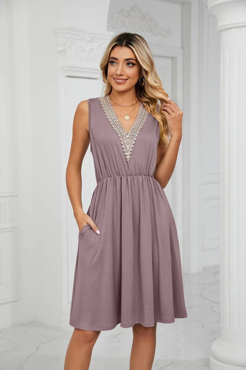 CWDSD3116_V-Neck Lace Trim Sleeveless Dress
