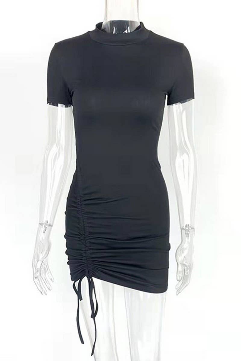 CWDSD7448_PLEATED SHORT SLEEVE HALF TURTLENECK TIGHT DRESS