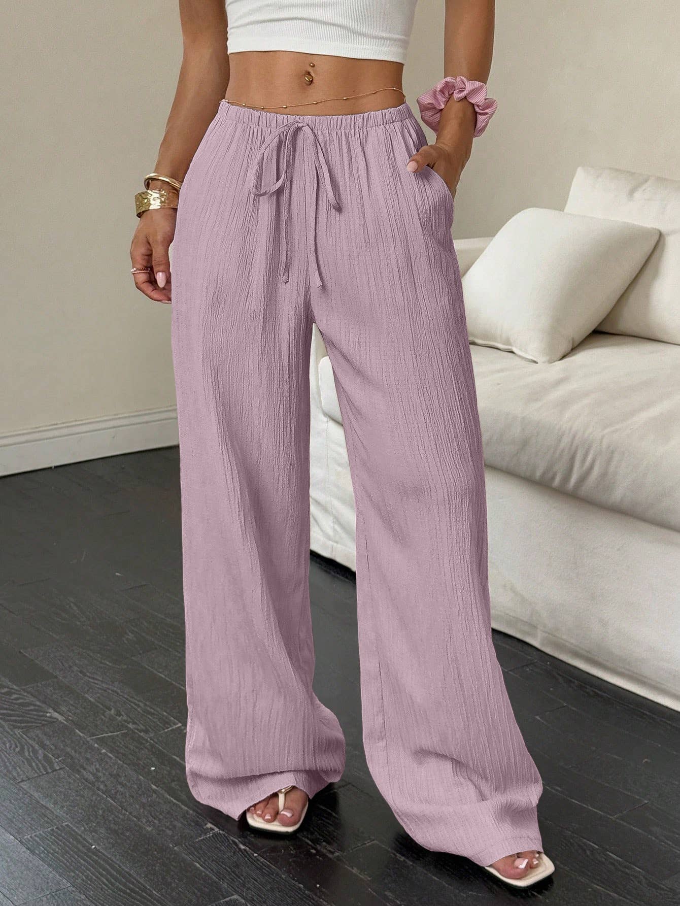 Solid-color textured drawstring wide-leg pants