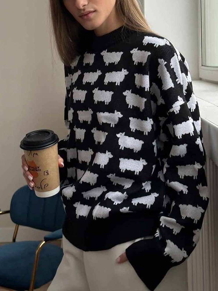SHEEP PRINT LOOSE CASUAL PULLOVER SWEATER