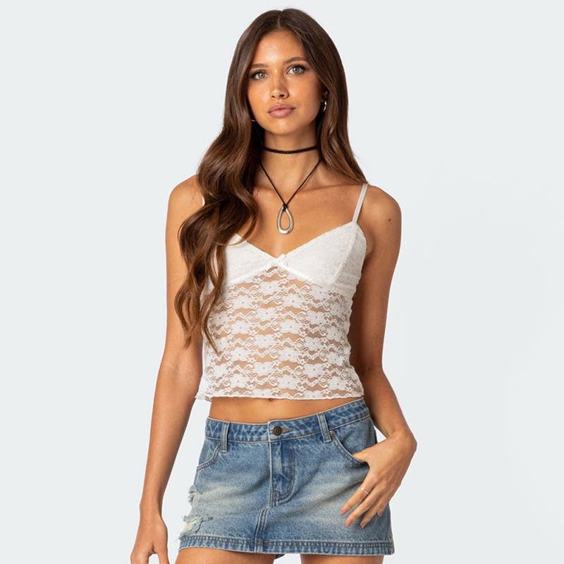 V-neck sexy lace see-through halter top