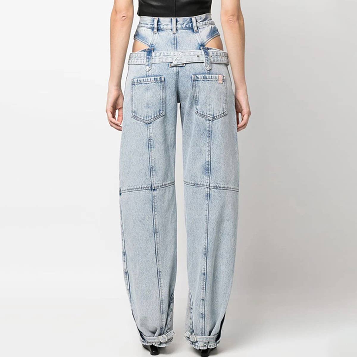 HIGH WAISTED HOLLOW EXPOSED WAIST SOLID COLOR JEANS