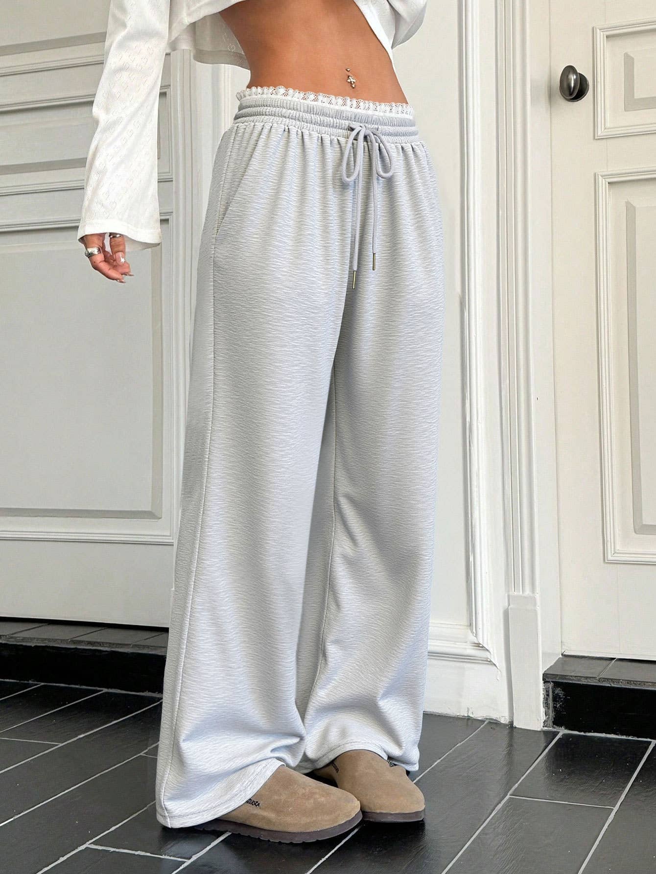 Lace lace-trimmed wide-leg casual trousers