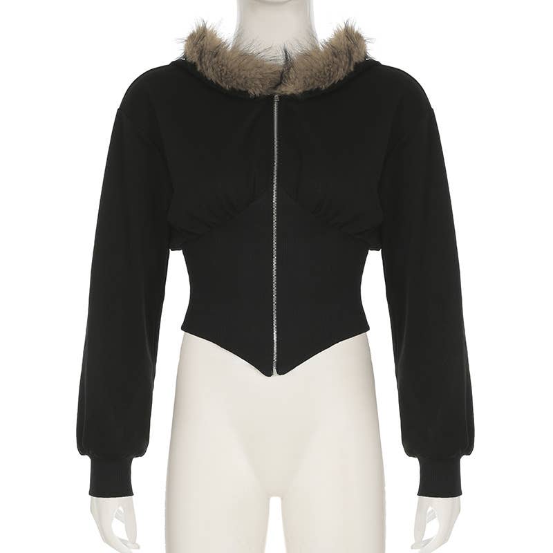 Woolen collar,cinched waist,hooded zipper jacket
