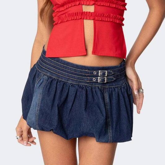 Unique denim low-waist flared skirt