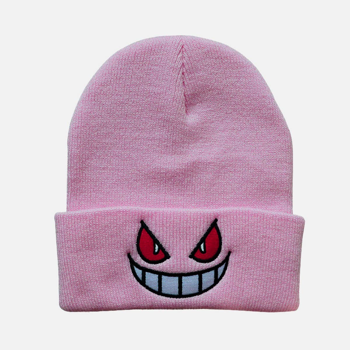 CWAH04354_EMBROIDERED CARTOON FACE KNIT BEANIE HAT