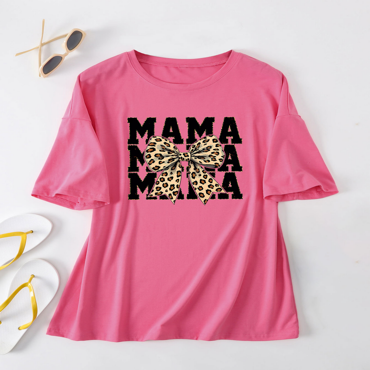 Leopard Bow Print T-Shirt, Loose Fit for Women