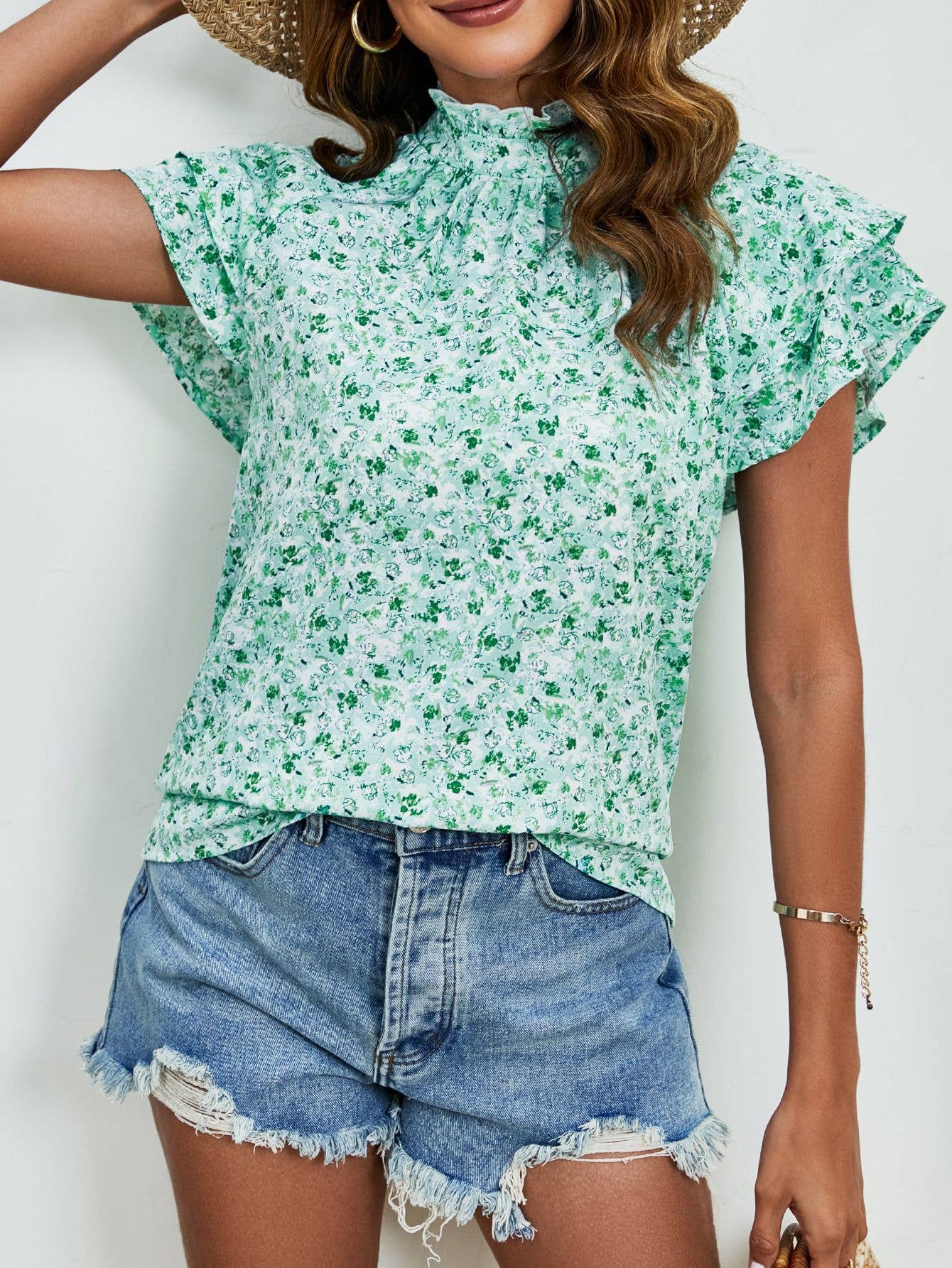 Semi-high-neck double-sleeved loose printed top