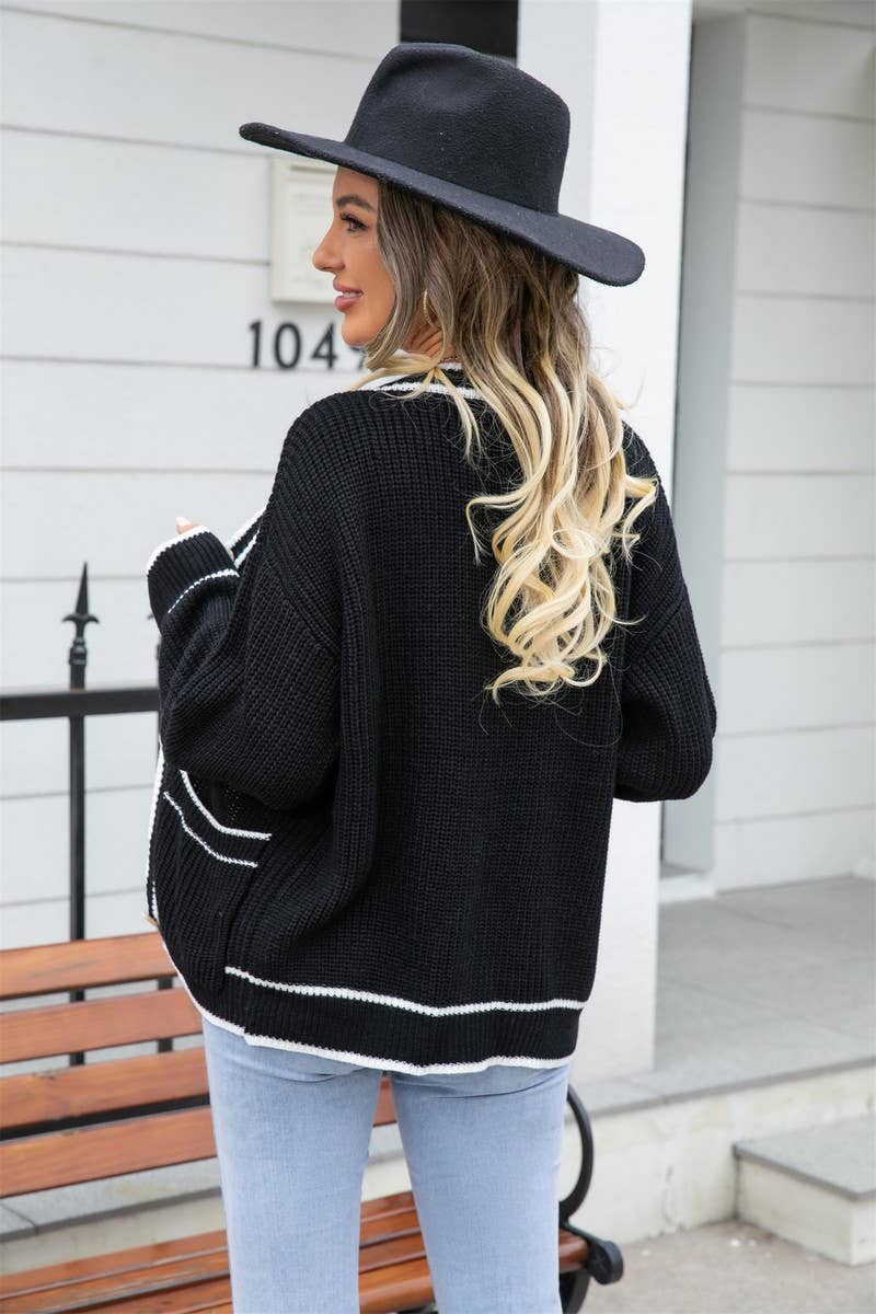 CWOSWL1670_Button Down Sleeve  V-Neck Cardigan Sweater