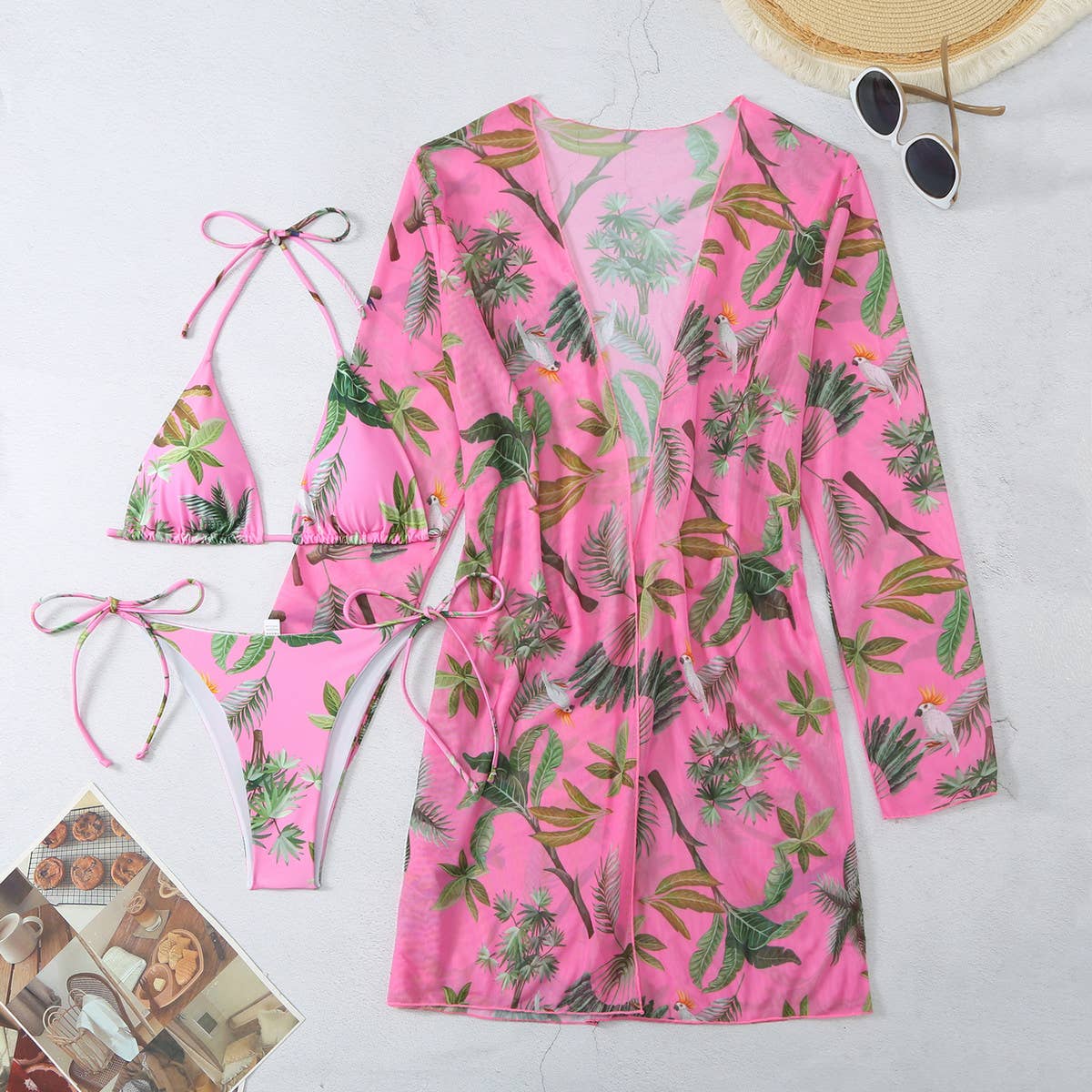 Floral Print Cover-Up Bikini 3Pcs/Set Swimsuit