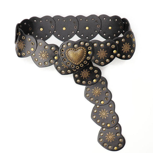 Ethnic-style heart-shaped spliced riveted belt