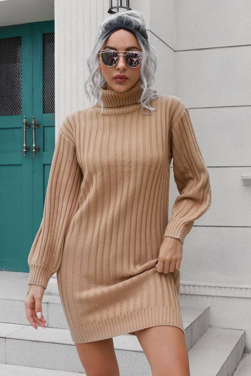 CWDSD5969_RIBBED TURTLENECK KNITTED SWEATER DRESS