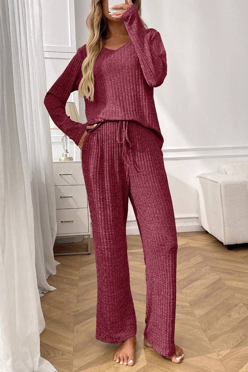 CWOSWL07636_RIBBED PAJAMA SET WOMEN LONG SLEEVE TOP AND PANT