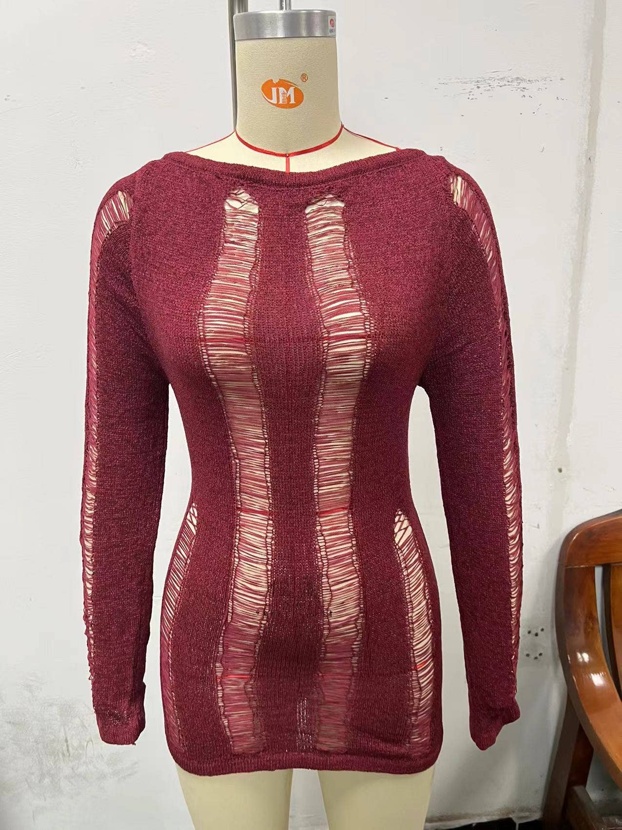 LONG SLEEVE HOLLOWED-OUT HIP WOOL DRESS