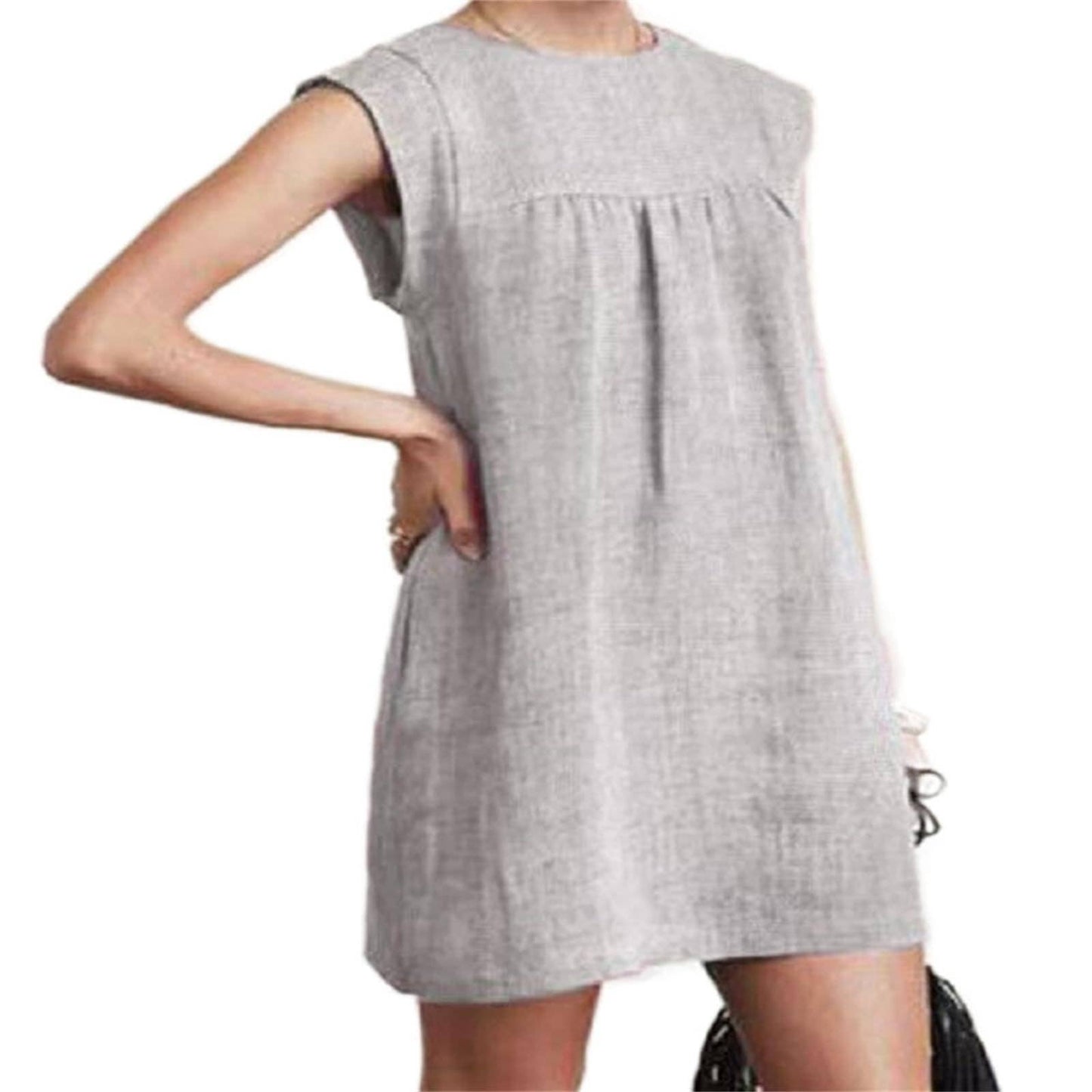 Loose solid color cotton and linen short dress