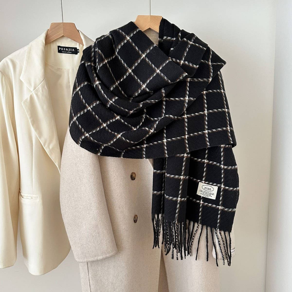 CWASC03132_PLAID CASHMERE FEEL SCARF WINTER WARM TASSEL SHAW