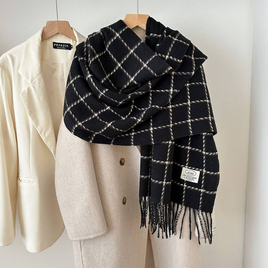 CWASC03132_PLAID CASHMERE FEEL SCARF WINTER WARM TASSEL SHAW