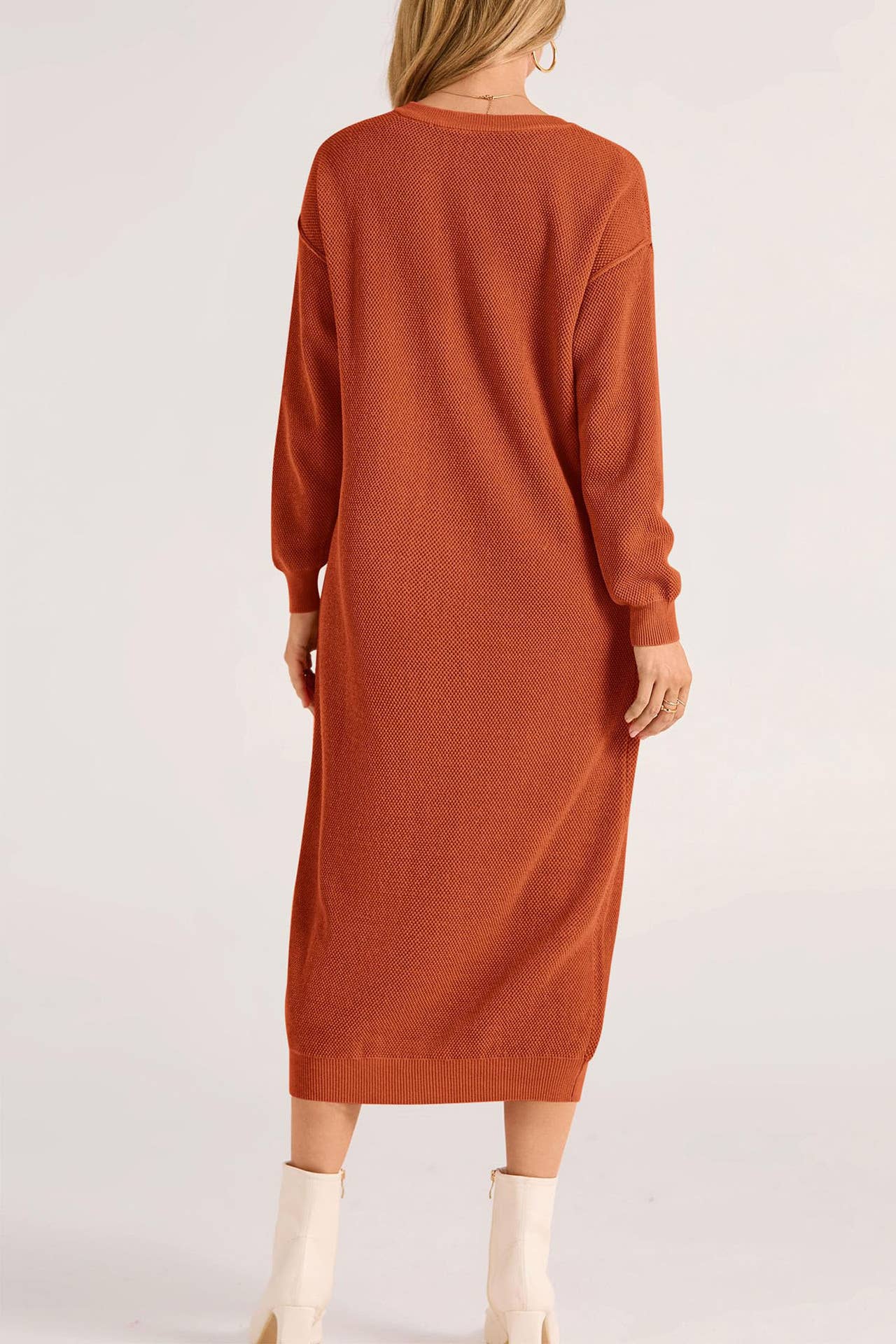 LONG-SLEEVED BUTTON-DOWN V-NECK SWEATER DRESS