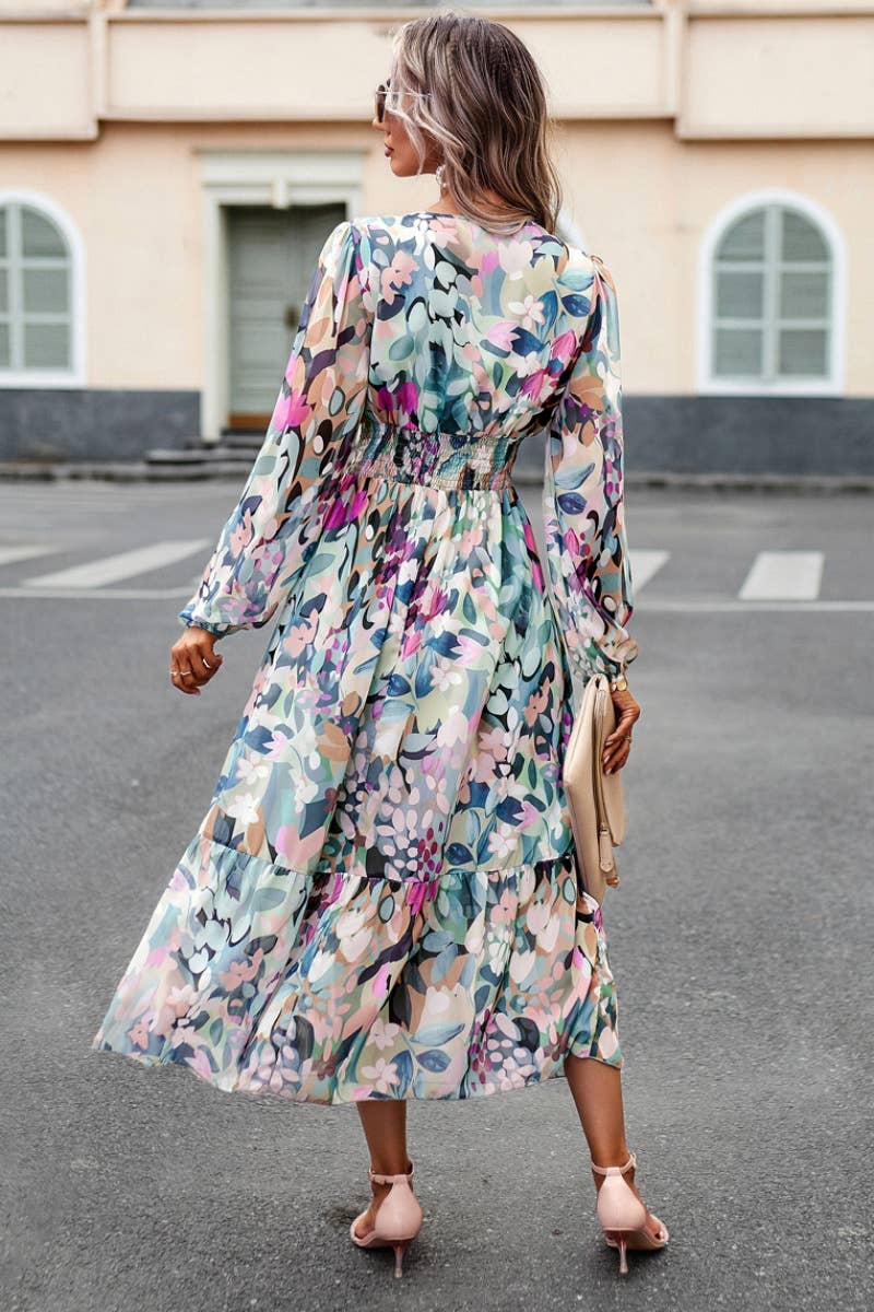 CWDMD3622_AUTUMN CASUAL PRINT V-NECK LONG-SLEEVED DRESS