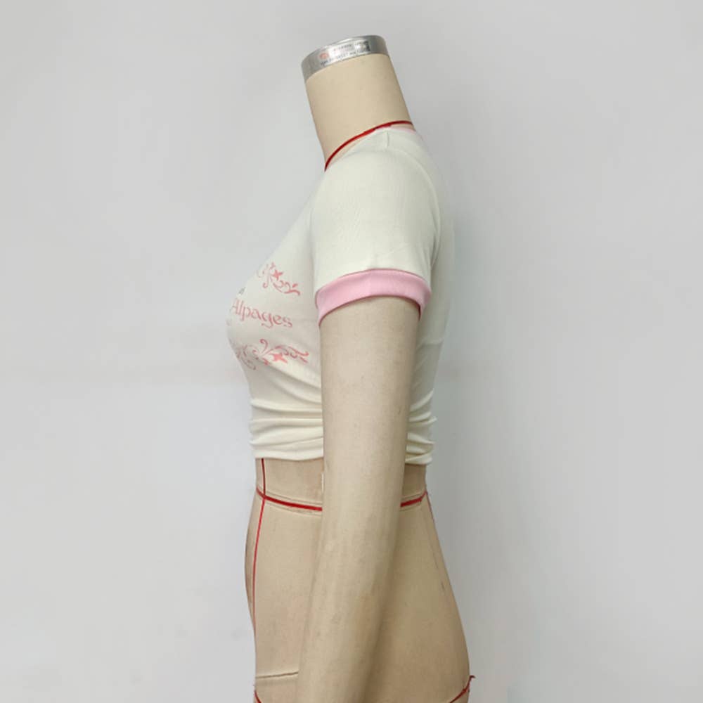 Printed Round Neck Drawstring Short T-Shirt