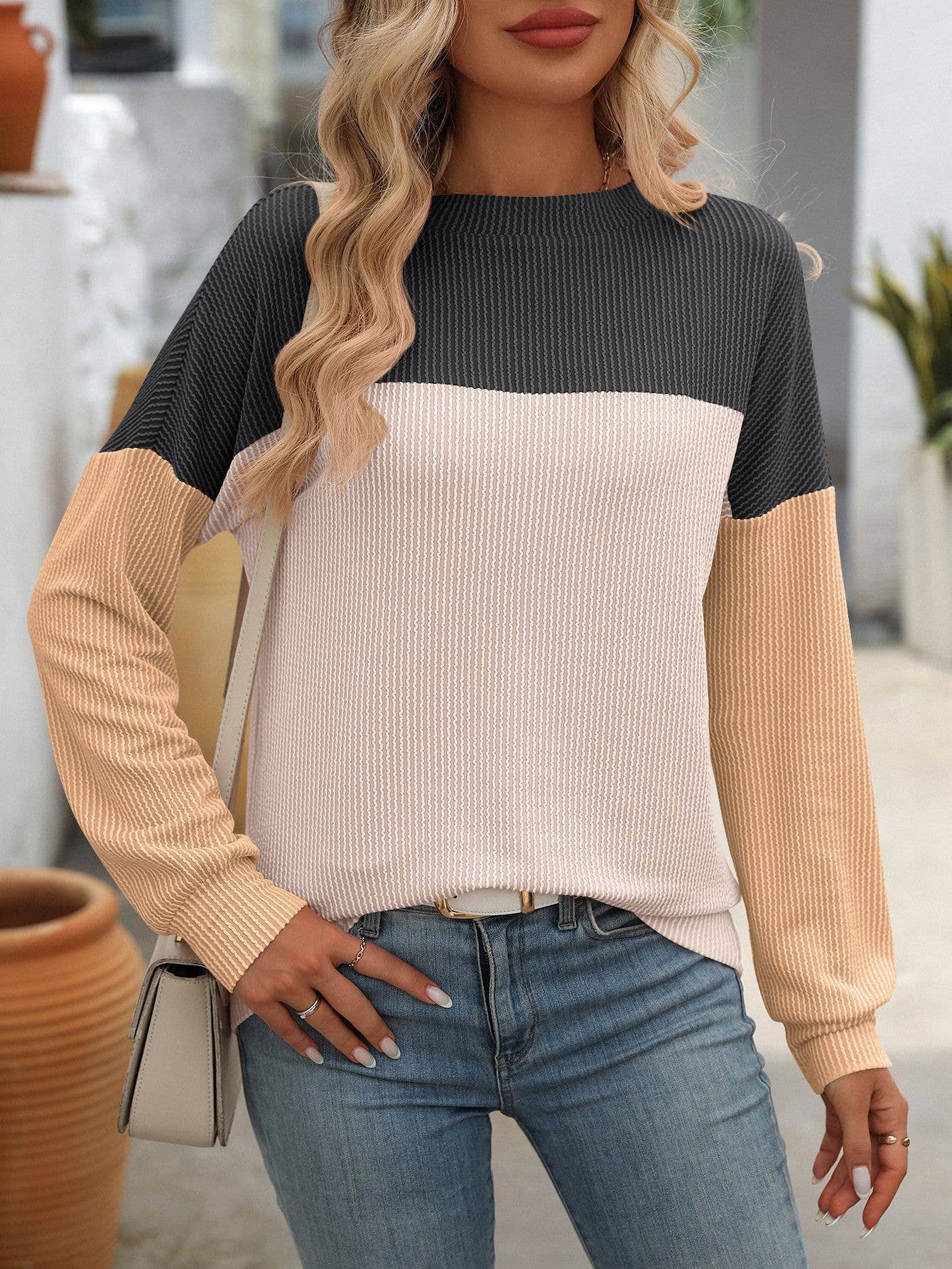 ROUND NECK TWIST STRIP LONG SLEEVE LOOSE T-SHIRT
