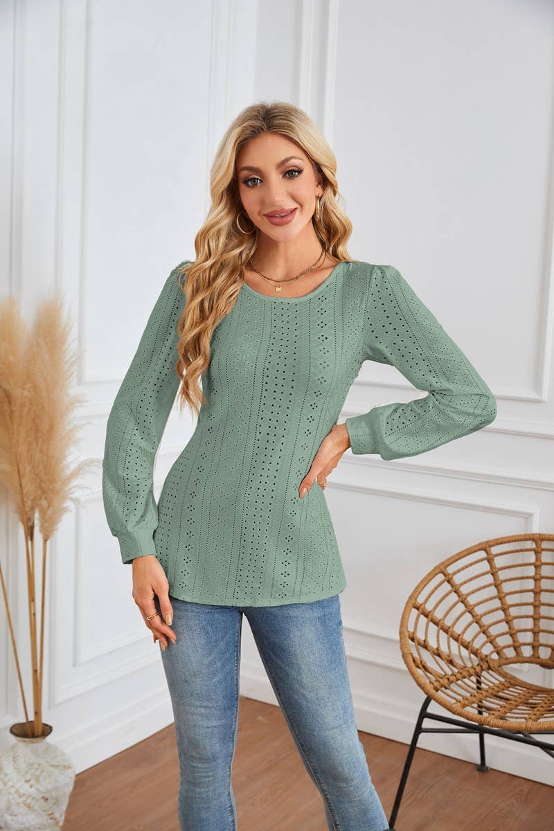 ROUND NECK T-SHIRT WITH HOLES AND PUFFY SLEEVES
