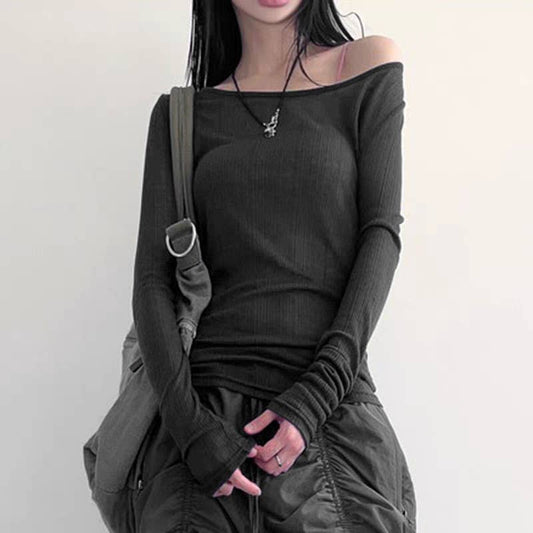 Fashion sexy one-shoulder long-sleeved T-shirt