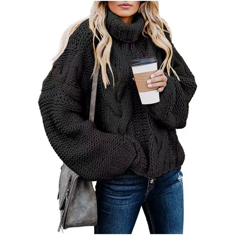 Laid-back solid-color tweed high-neck sweater