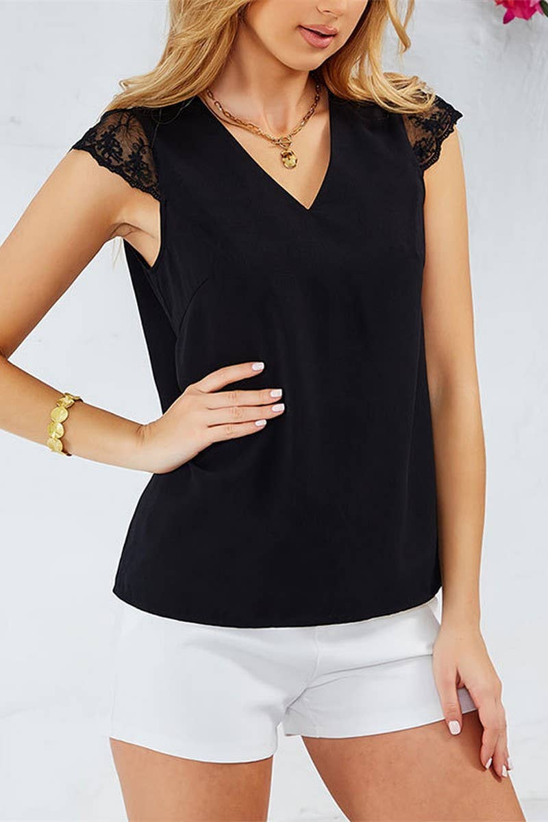 Cwttsl0344_Summer Bow Tie Lace Patchwork Sleeveless T-Shirt