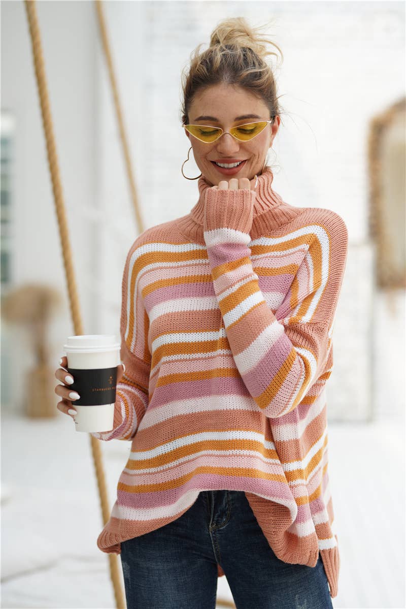RAINBOW STRIPED PATCHWORK KNIT PULLOVER SWEATER_cwoswl2316