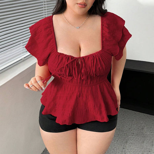 Sexy Square Neck Waist Slim Red Summer Top