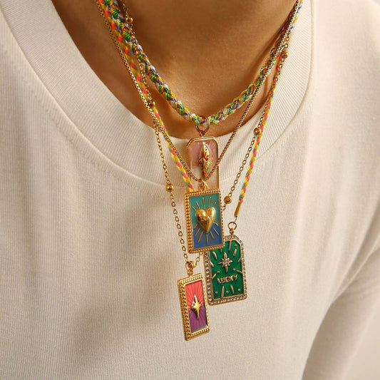 Vintage 18K Steel Tarot Card Pendant Necklace