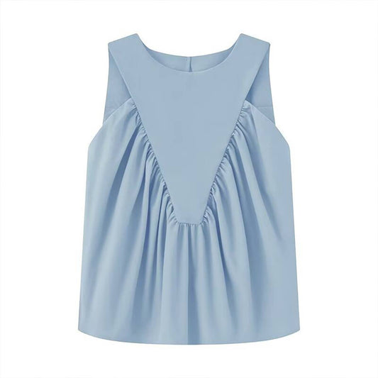 Versatile solid-color pleated sleeveless vest
