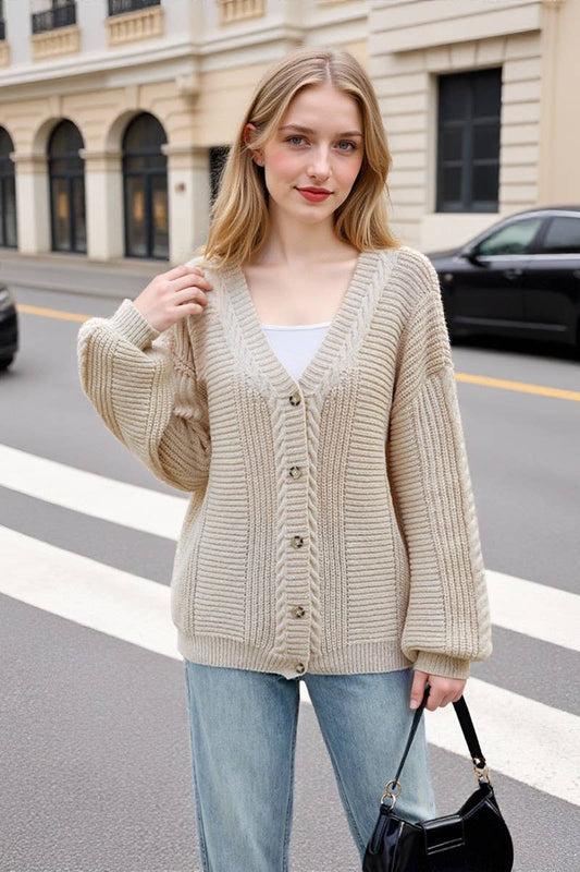 CWOCAL00686_LONG SLEEVE V-NECK CABLE KNIT CARDIGAN