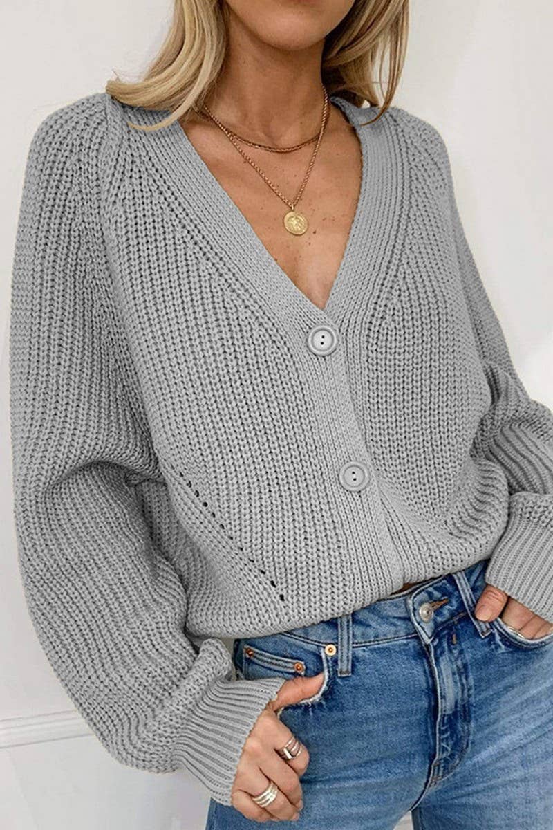 Solid color V-neck lantern sleeve button knit cardigan