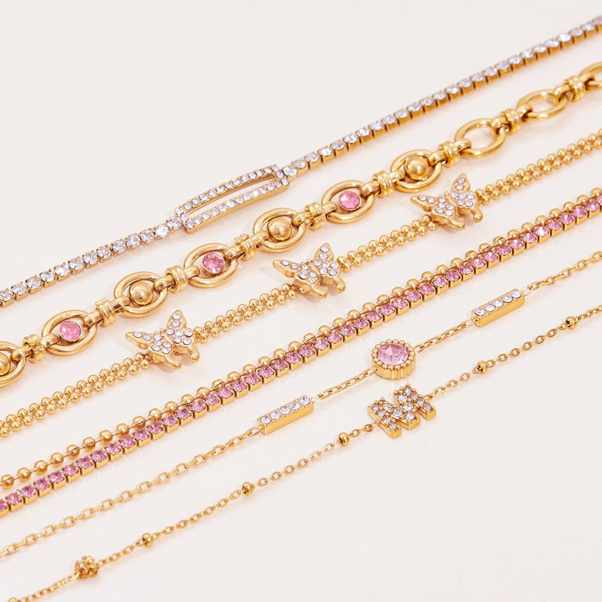18K Gold Pink Zircon Round Chain Bracelet, Steel_CWAJE4678