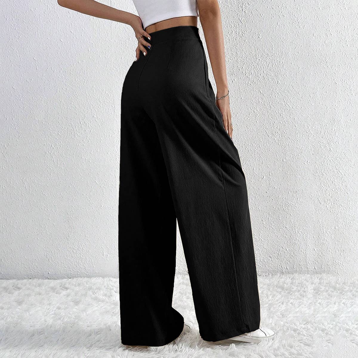 ASYMMETRICAL WAIST PLEATS CASUAL WIDE LEG SLACKS_CWBLP0603