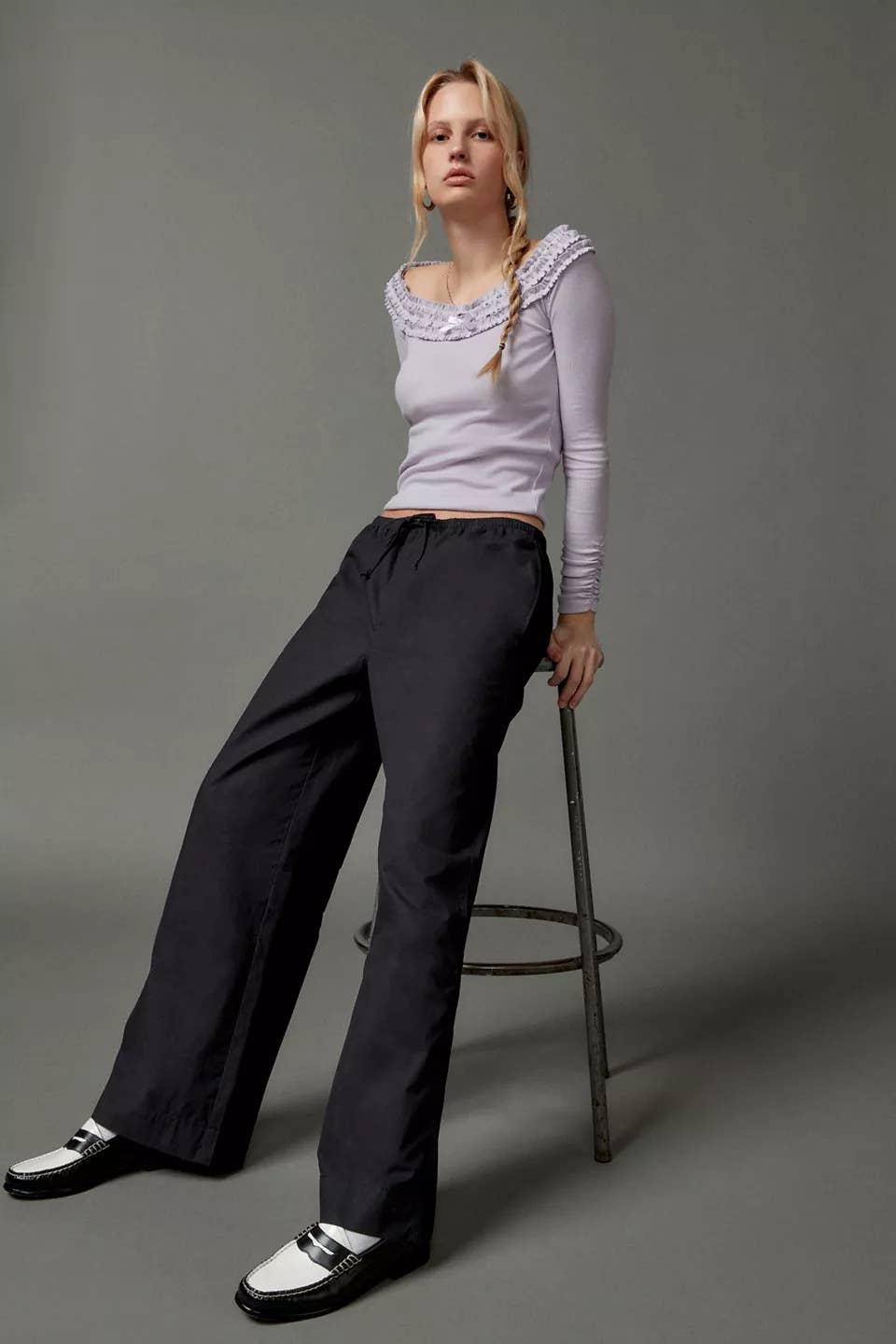 Striped street drawstring straight-leg pants