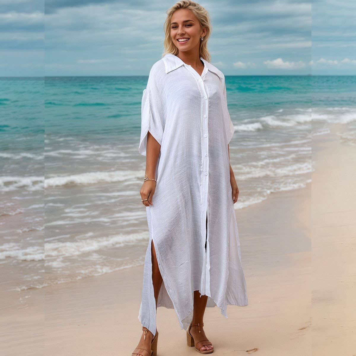 Bamboo Cotton Beach CoverUp Solid Color BikiniShirt_CWMM6300